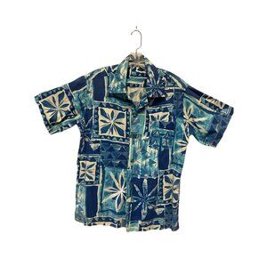 Vintage Mens Hawaiian Shirt Blue & White Floral Print Short Sleeve Button-Up Cot